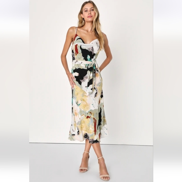 Lulus NWTs Inspired Aura White Multi Abstract Print Cowl Midi Dress - Picture 1 of 5
